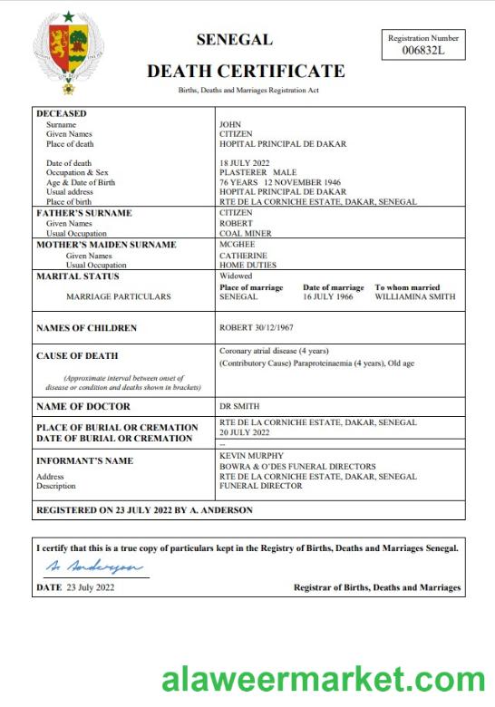 Senegal vital record death certificate Word and PDF template